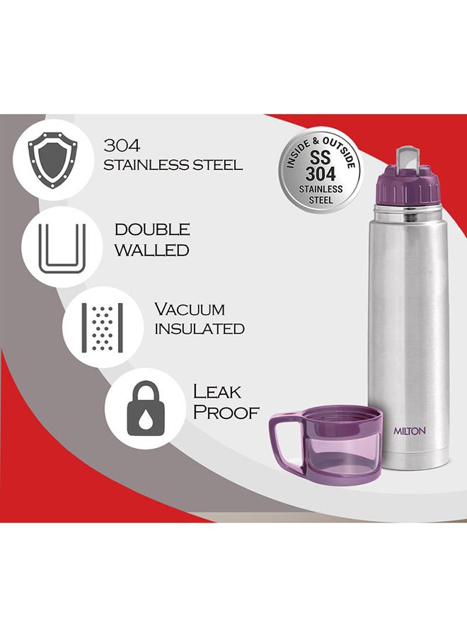 1000ml Thermosteel Flask with Jacket, Keeps Drinks Hot and Cold for 24 Hours, 18/8 Stainless Steel, Double-Walled Vacuum Insulated Water Bottle with Inner Copper Coating - Glassy Purple