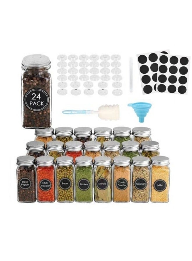 24-Piece Empty Square Spice Bottles with Shaker Lids, Airtight Metal Caps - Includes 24 Spice Labels, Chalk Marker, and Silicone Collapsible Funnel