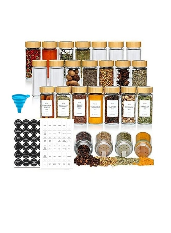 24-Piece Bamboo Lid Spice Jars Set 4 oz Round Glass Containers with Labels,Stickers, Collapsible Funnel