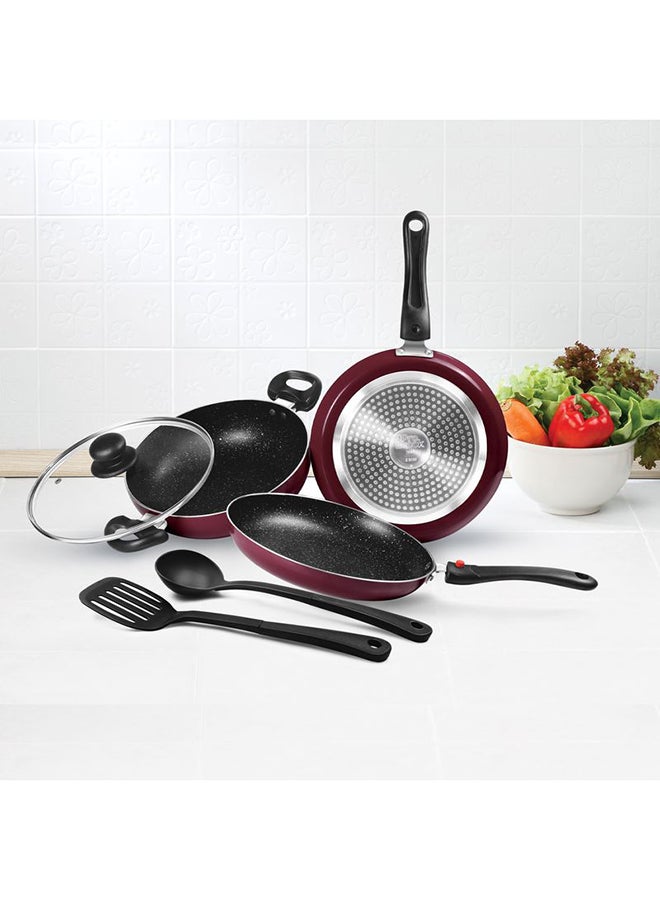 Kitchen Jewel Plus - Set of 5, Peach Metallic (Fry Pan (24 cm/1.6 L), Kadhai with Glass Lid (24 cm/2.5 L), Tawa (25 cm), 1 Ladle & 1 Spatula, Induction & Flame Safe, Dishwasher Compatible Peach Set of 5