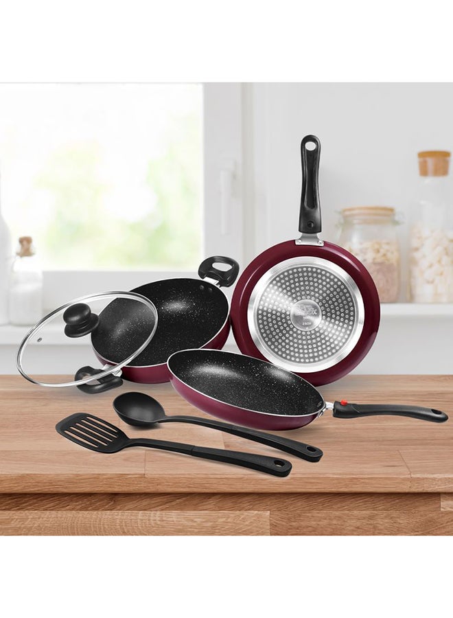 Kitchen Jewel Plus - Set of 5, Peach Metallic (Fry Pan (24 cm/1.6 L), Kadhai with Glass Lid (24 cm/2.5 L), Tawa (25 cm), 1 Ladle & 1 Spatula, Induction & Flame Safe, Dishwasher Compatible Peach Set of 5