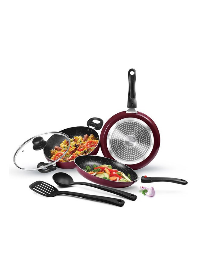 Kitchen Jewel Plus - Set of 5, Peach Metallic (Fry Pan (24 cm/1.6 L), Kadhai with Glass Lid (24 cm/2.5 L), Tawa (25 cm), 1 Ladle & 1 Spatula, Induction & Flame Safe, Dishwasher Compatible Peach Set of 5