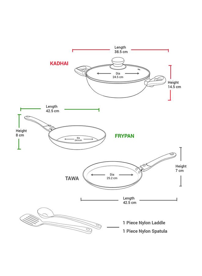 Kitchen Jewel Plus - Set of 5, Peach Metallic (Fry Pan (24 cm/1.6 L), Kadhai with Glass Lid (24 cm/2.5 L), Tawa (25 cm), 1 Ladle & 1 Spatula, Induction & Flame Safe, Dishwasher Compatible Peach Set of 5