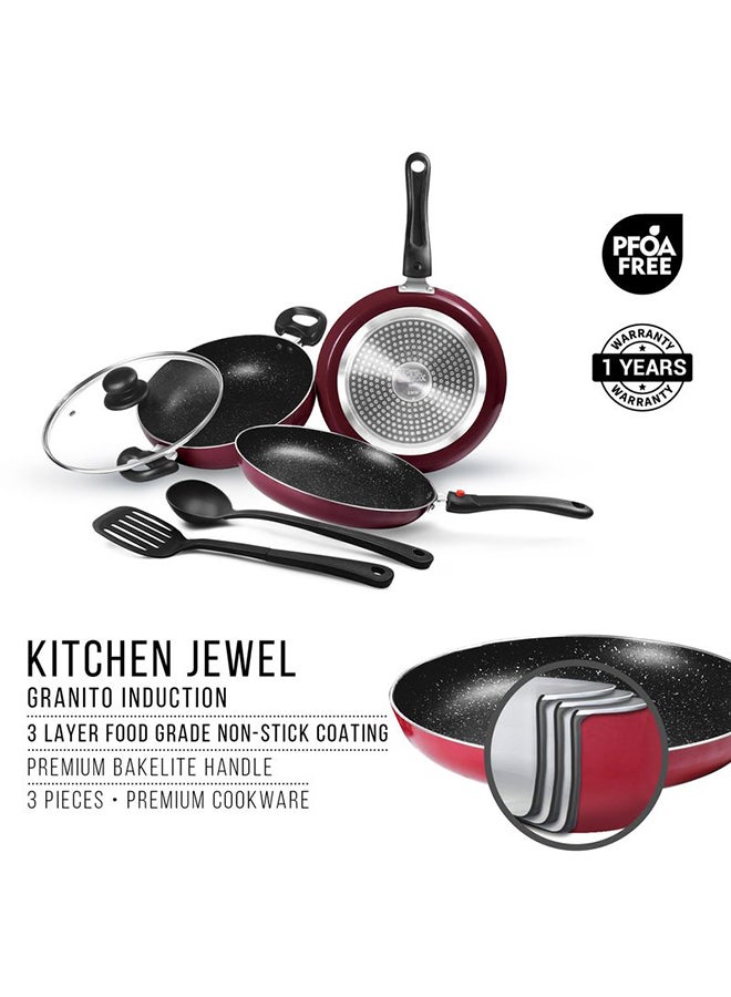 Kitchen Jewel Plus - Set of 5, Peach Metallic (Fry Pan (24 cm/1.6 L), Kadhai with Glass Lid (24 cm/2.5 L), Tawa (25 cm), 1 Ladle & 1 Spatula, Induction & Flame Safe, Dishwasher Compatible Peach Set of 5