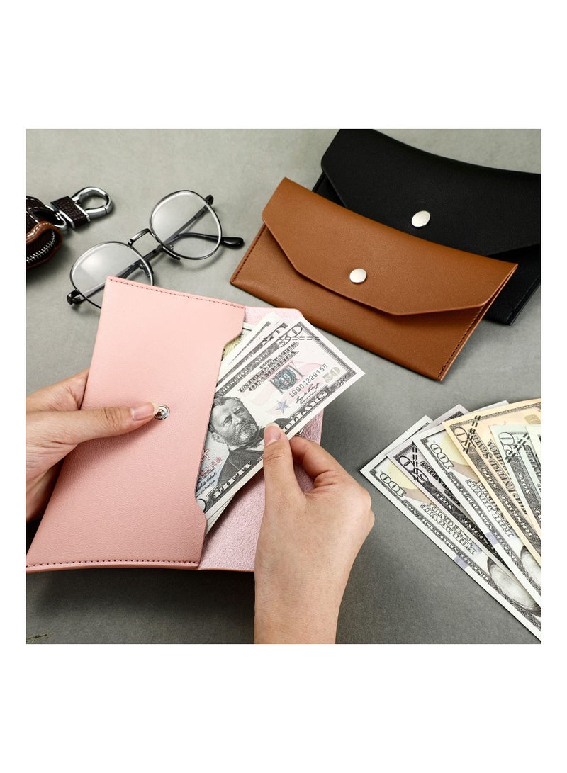 3 Pieces Cash Envelopes Bag PU Leather Cash Money Pouch Cash Wallet Envelope Reusable for Spring Festival Wedding Birthday Graduation Holidays (Black, Camel Pink)