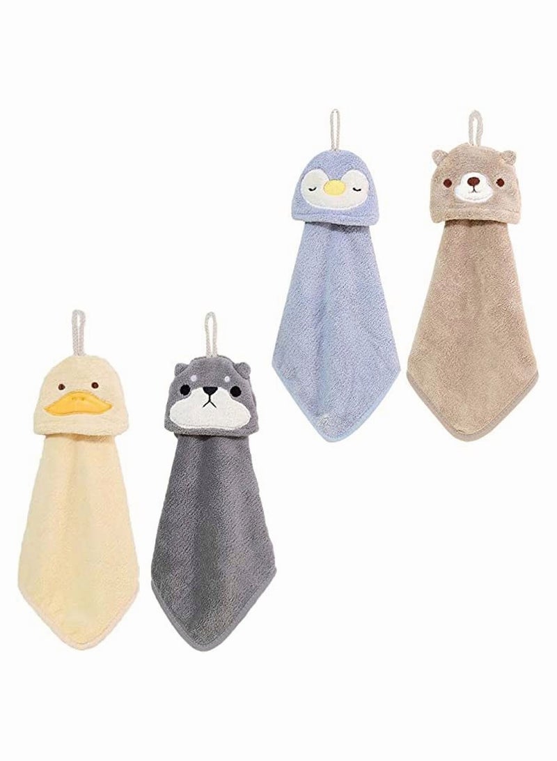 4Pcs Cute Animal Hand Towels, SYOSI Hanging Towel Dish Cloth with Loop for Kids Bathroom Kitchen Absorbent Dishcloths Towel, Ultra Absorbent, Fast Drying, Machine Washable, Stylish & Attractive