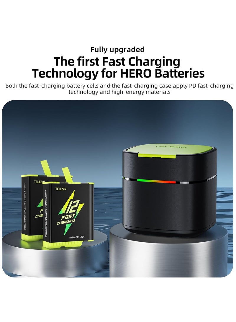 Battery Charger for Go Pro Hero 12 11 10 9, USB-C 2A Fast Charging Box Set TF Card Storage, Portable Charger 2-Channel Battery Charging Storage (Black Fast Battery Charger Kit)