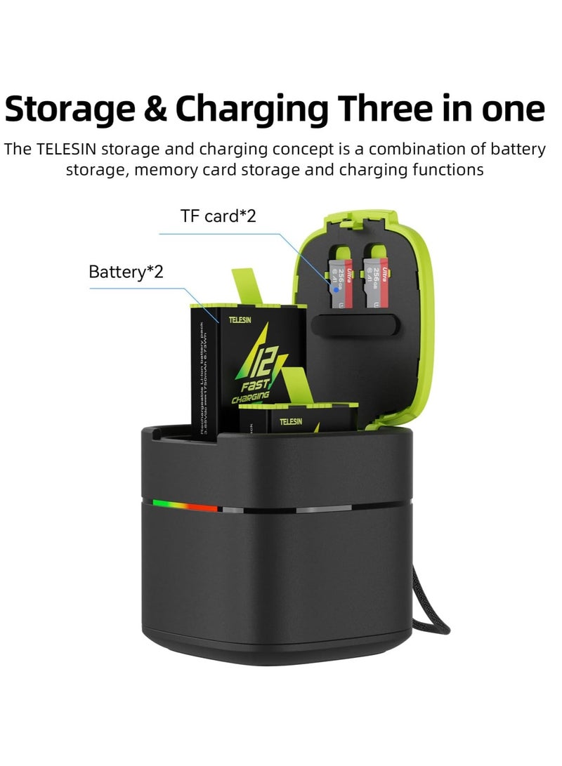 Battery Charger for Go Pro Hero 12 11 10 9, USB-C 2A Fast Charging Box Set TF Card Storage, Portable Charger 2-Channel Battery Charging Storage (Black Fast Battery Charger Kit)