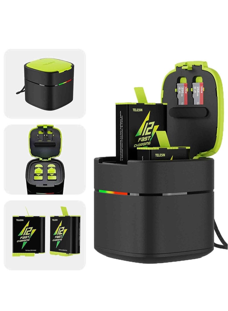 Battery Charger for Go Pro Hero 12 11 10 9, USB-C 2A Fast Charging Box Set TF Card Storage, Portable Charger 2-Channel Battery Charging Storage (Black Fast Battery Charger Kit)