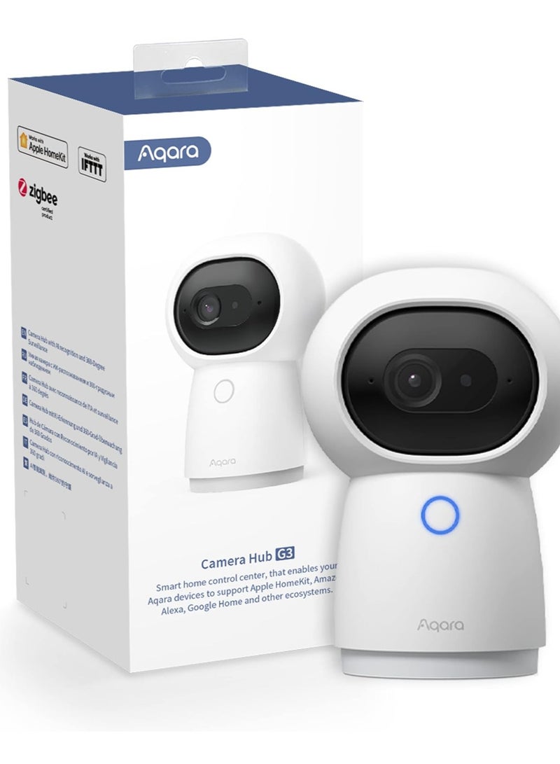 Aqara 2K Security Indoor Camera Hub G3, AI Facial and Gesture Recognition, Infrared Remote Control, 360° Viewing Angle via Pan and Tilt-White