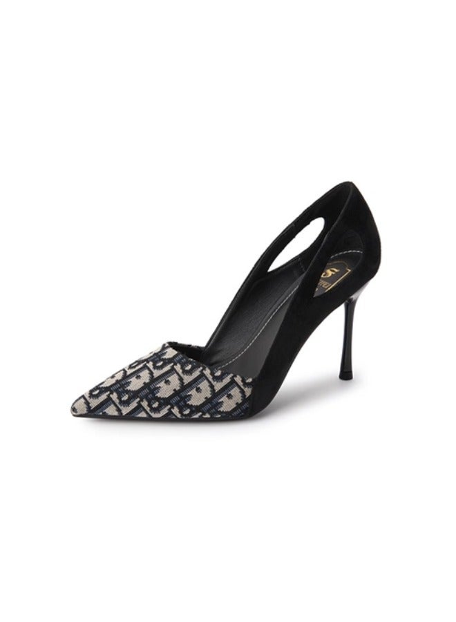 Luxury Embroidered Black Ladies Sandals Pointed Canvas Party High Heels Print Leather Shoes Women