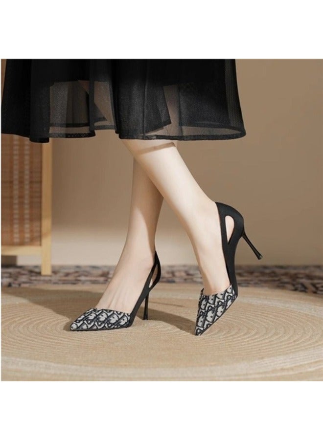 Luxury Embroidered Black Ladies Sandals Pointed Canvas Party High Heels Print Leather Shoes Women