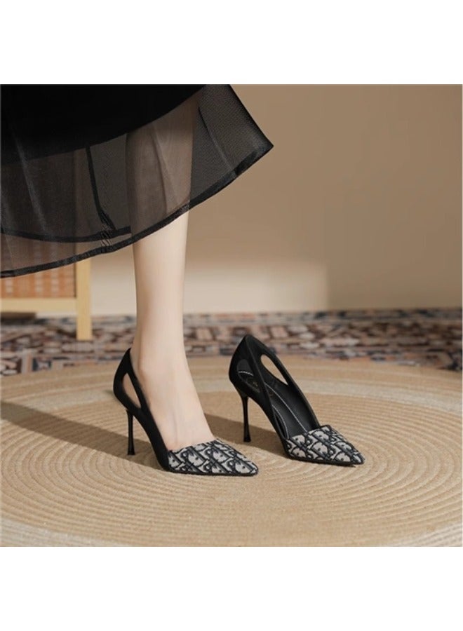 Luxury Embroidered Black Ladies Sandals Pointed Canvas Party High Heels Print Leather Shoes Women
