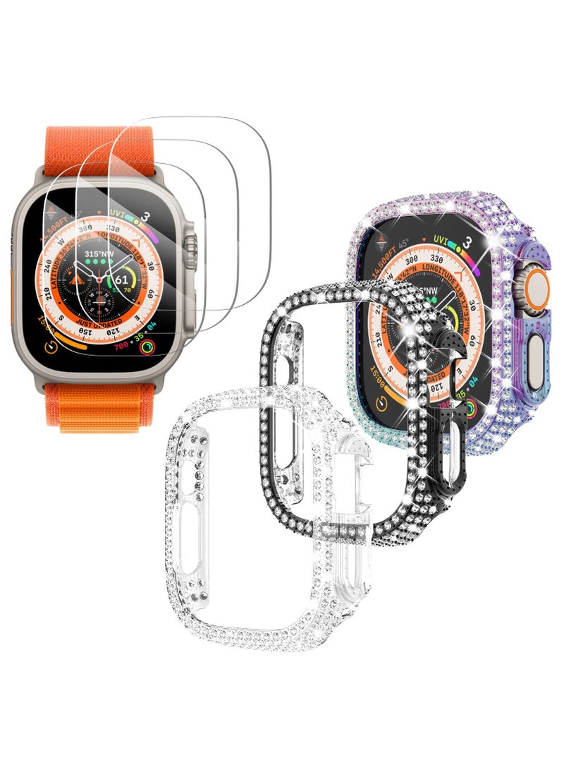 3-Pack Compatible with Apple Watch Ultra 49mm Cases Crystal Diamond Protective Bumper Covers with Screen Protector for iWatch Ultra 2/Ultra Men Women, (49mm, Black/Rainbow/Clear)