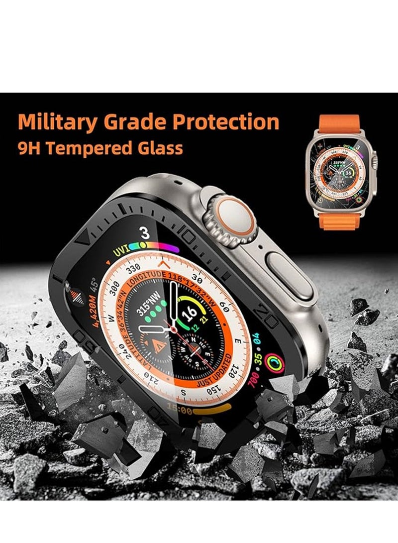 Rugged Metal Case, Compatible with Apple Watch Ultra 49mm Case with Tempered Glass Screen Protector, Bezel Ring Frame Built in Clear Film for iWatch Ultra 49mm, 2 Pack, Black