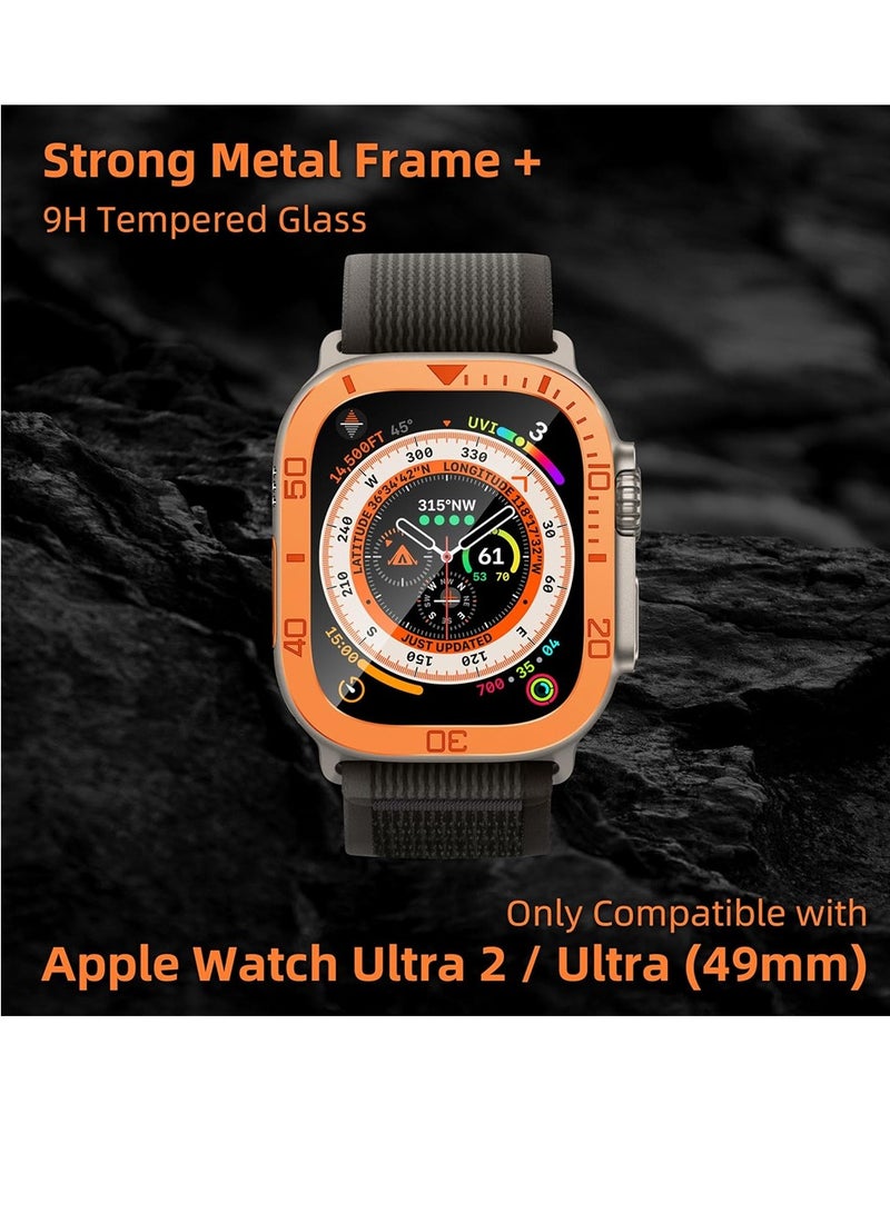 Rugged Metal Case, Compatible with Apple Watch Ultra 49mm Case with Tempered Glass Screen Protector, Bezel Ring Frame Built in Clear Film for iWatch Ultra 49mm, 2 Pack, Orange