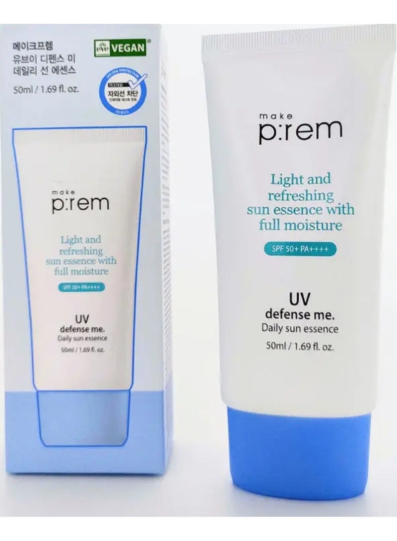 UV Defense Me Daily Sun Essence, SPF 50+ PA++++ VEGAN Reef-safe Calming Non-Nano Zinc Oxide Sunblock Face Body Mild Korean Sunscreen with 73% Moisture Essence for Dry Oily & Sensitive Skin,