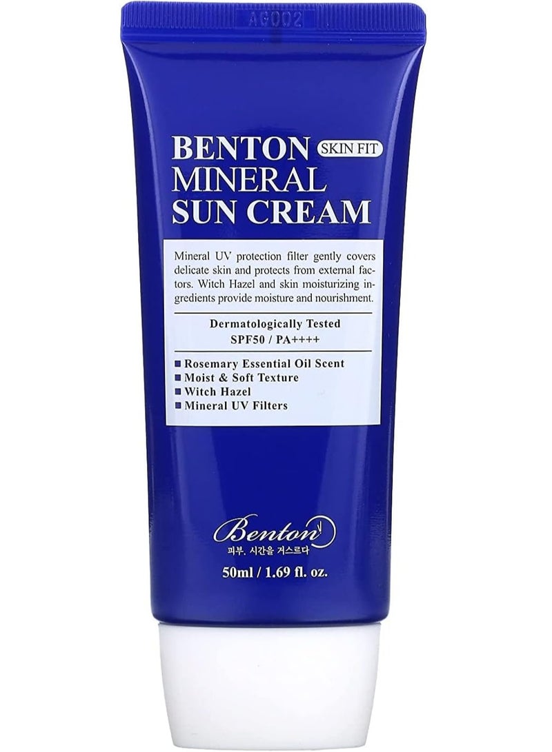 Benton SKIN FIT MINERAL SUN CREAM SPF50+/PA++++ 1.7 fl oz/ 50ML, Sun screen, on-Sticky, Long Lasting Protection, Weightless Sunscreen with Low White Cast