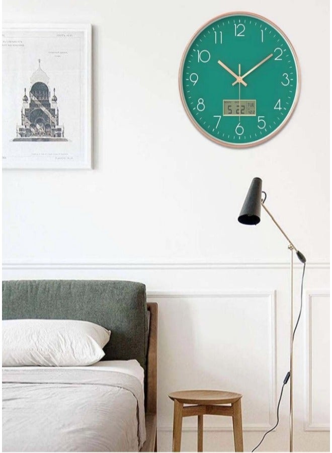 12 Inch Green Rose Gold Frame Digital Wall Clock Round Home Decorative Clock with Date and Temperature