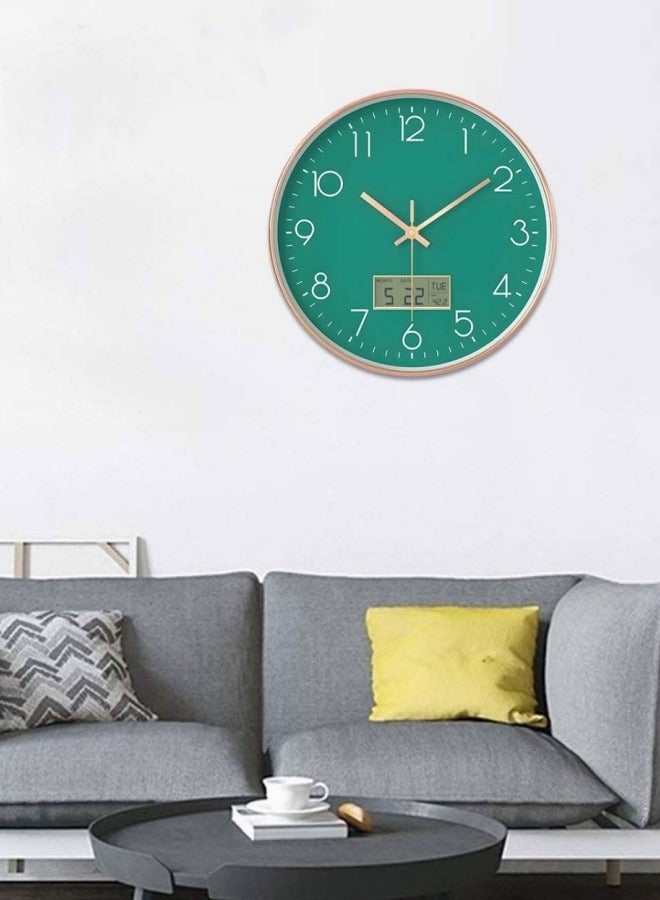 12 Inch Green Rose Gold Frame Digital Wall Clock Round Home Decorative Clock with Date and Temperature