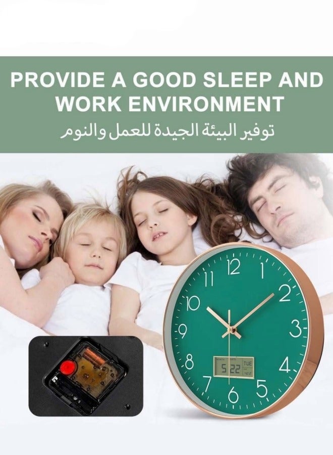 12 Inch Green Rose Gold Frame Digital Wall Clock Round Home Decorative Clock with Date and Temperature