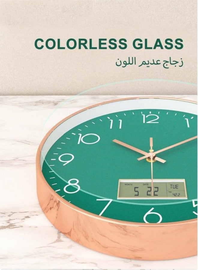 12 Inch Green Rose Gold Frame Digital Wall Clock Round Home Decorative Clock with Date and Temperature