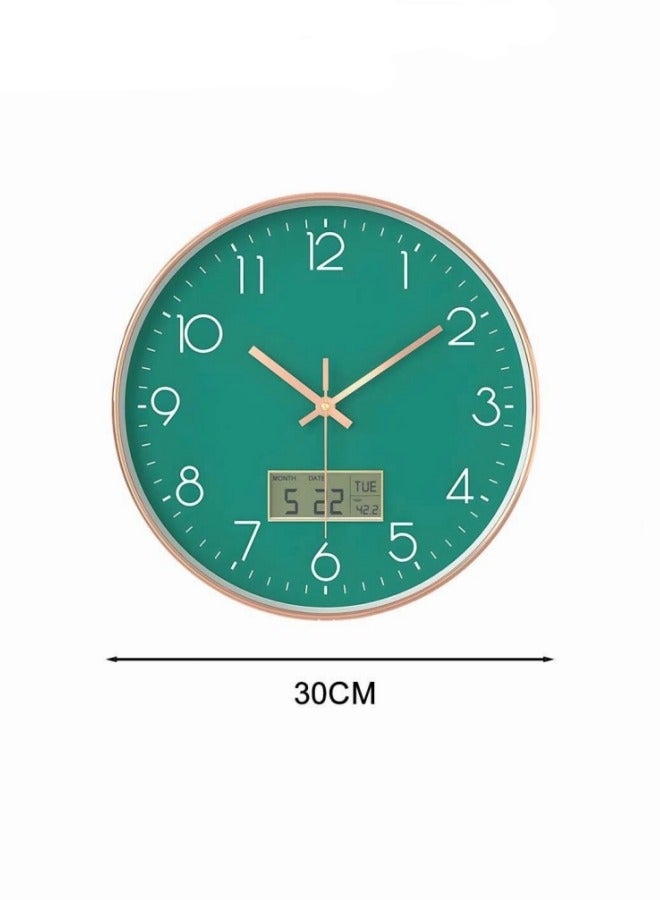 12 Inch Green Rose Gold Frame Digital Wall Clock Round Home Decorative Clock with Date and Temperature