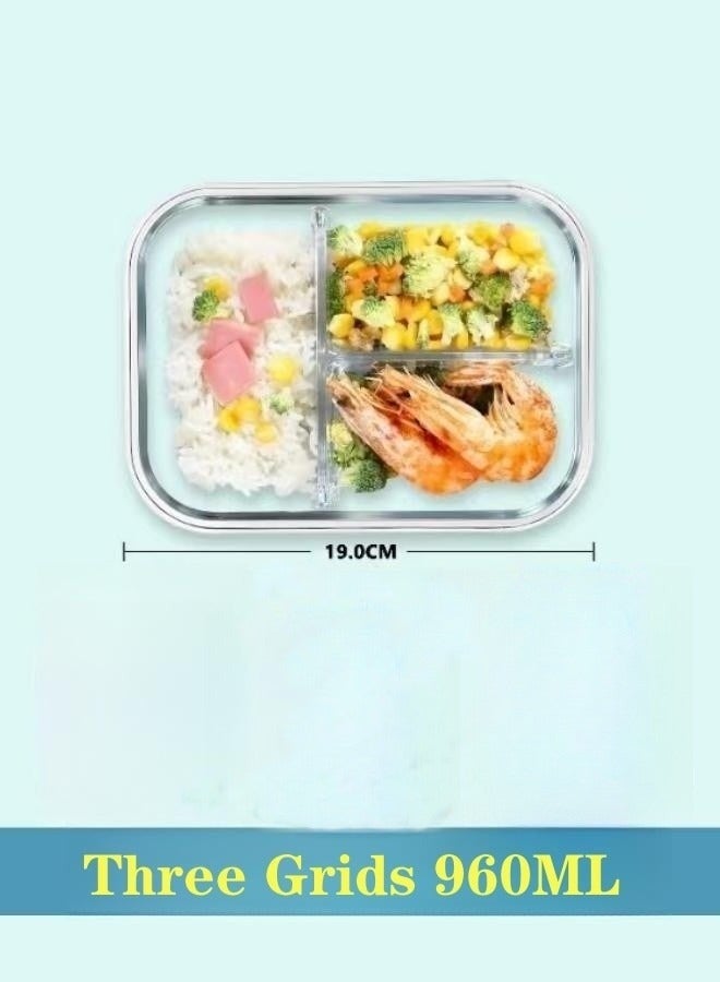 3- Piece Microwave Heating Glass Lunch Box Glass Bowls 1000ml, 960ml, 700ml with Insulation Bag
