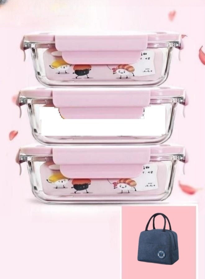 3- Piece Microwave Heating Glass Lunch Box Glass Bowls 1000ml, 960ml, 700ml with Insulation Bag