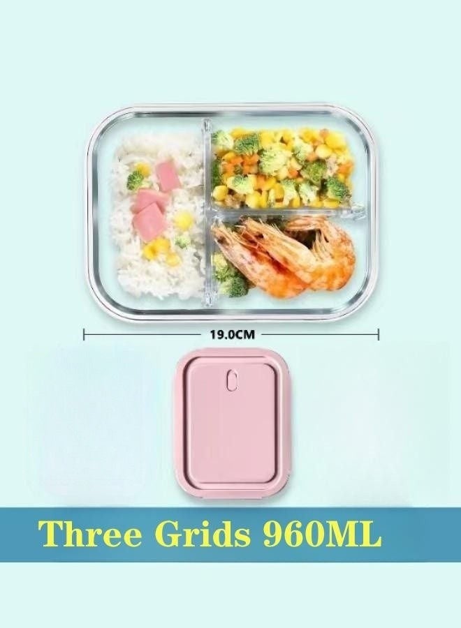3- Piece Microwave Heating Glass Lunch Box Glass Bowls 1000ml, 960ml, 700ml with Insulation Bag