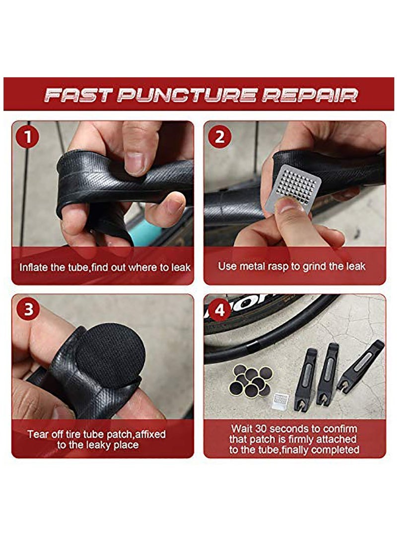 Bicycle tyre repair kit includes round square rectangle and 4 metal pull rings for road and mountain bikes