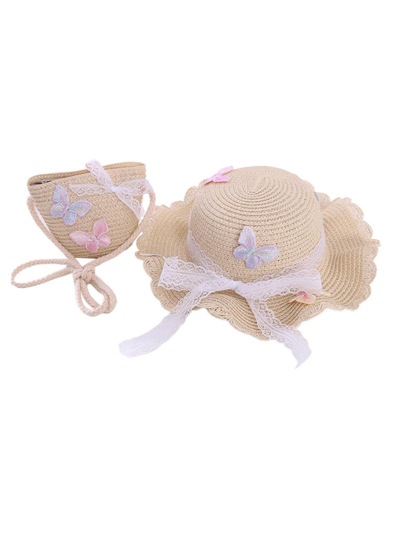 Straw Hat and Straw Bag for Kids, 2 Pcs Cute Butterfly Lace Hat ＆ Straw Crossbody Bag, Sun Protection Outdoor Adorable Tourism Straw Hat for Girls, Summer Beach Sun Visor Hat & Straw Bag, Beige