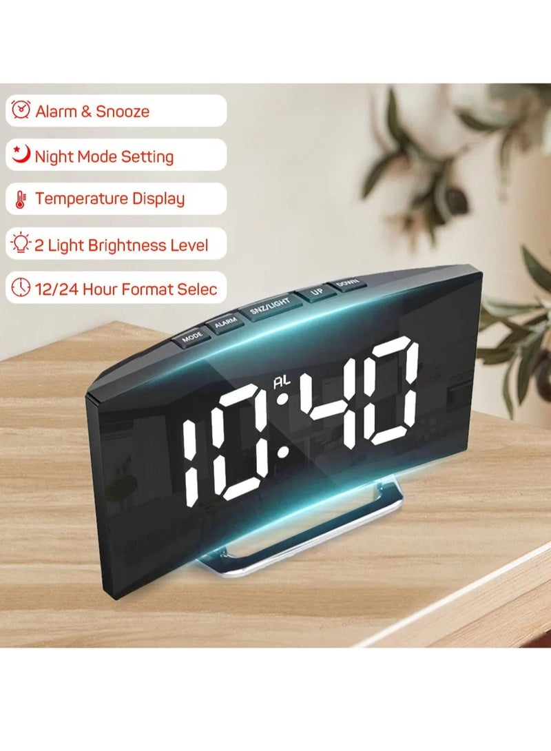 Curved Screen Clock, Digital LED Alarm Clock With Temperature Display, Portable Table Clock With Snooze And Night Mode, Durable Electronic Clock With 2 Light Brightness Levels, (1pc, White)