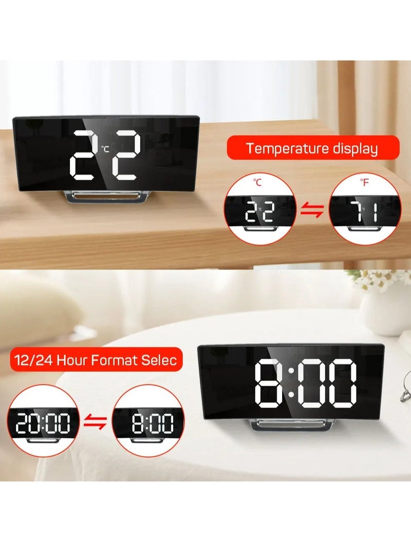 Curved Screen Clock, Digital LED Alarm Clock With Temperature Display, Portable Table Clock With Snooze And Night Mode, Durable Electronic Clock With 2 Light Brightness Levels, (1pc, White)