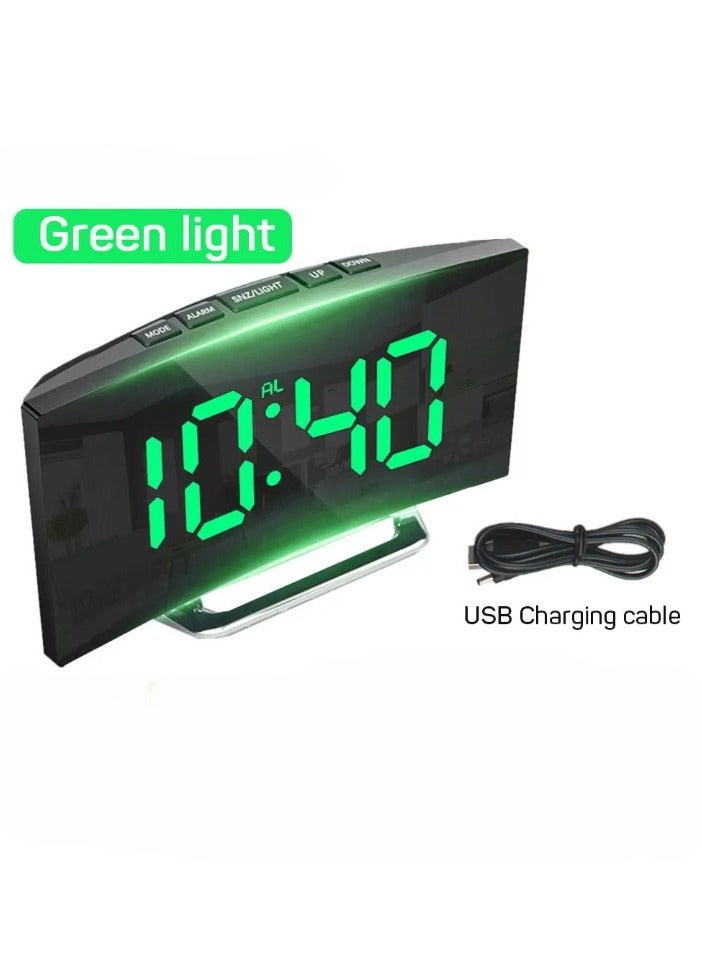 Curved Screen Clock, Digital LED Alarm Clock With Temperature Display, Portable Table Clock With Snooze And Night Mode, Durable Electronic Clock With 2 Light Brightness Levels, (1pc, Green)