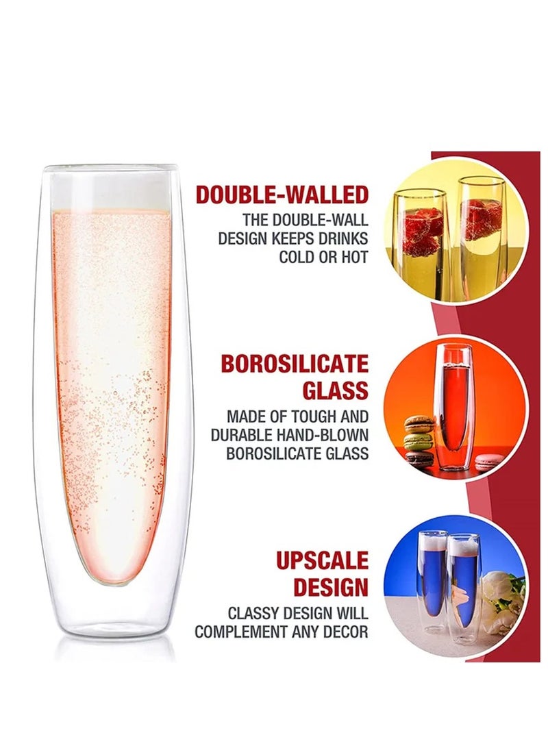 Double Wall Glass Champagne Flutes For Everyday Use (Set of 2) 250 ML