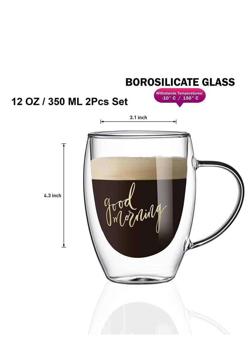 Double Wall Good Morning Printed Glass Mug With Handle Clear 350ml 2Pcs Set