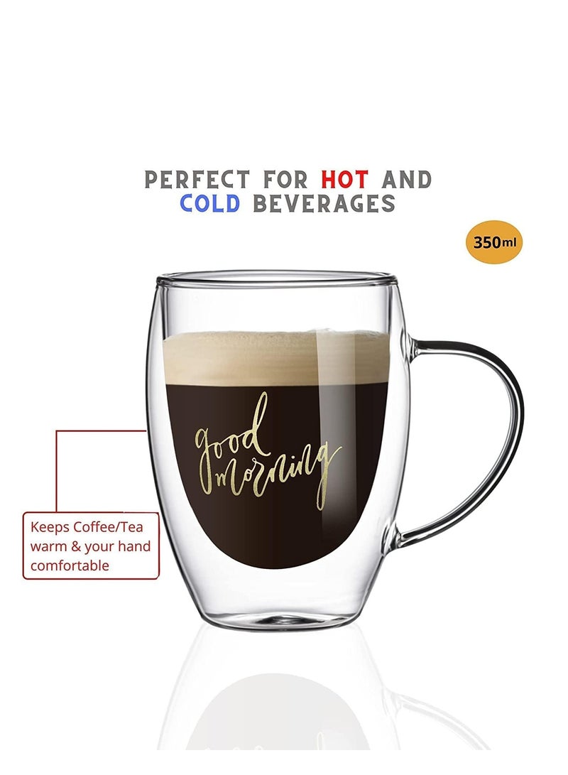 Double Wall Good Morning Printed Glass Mug With Handle Clear 350ml 2Pcs Set