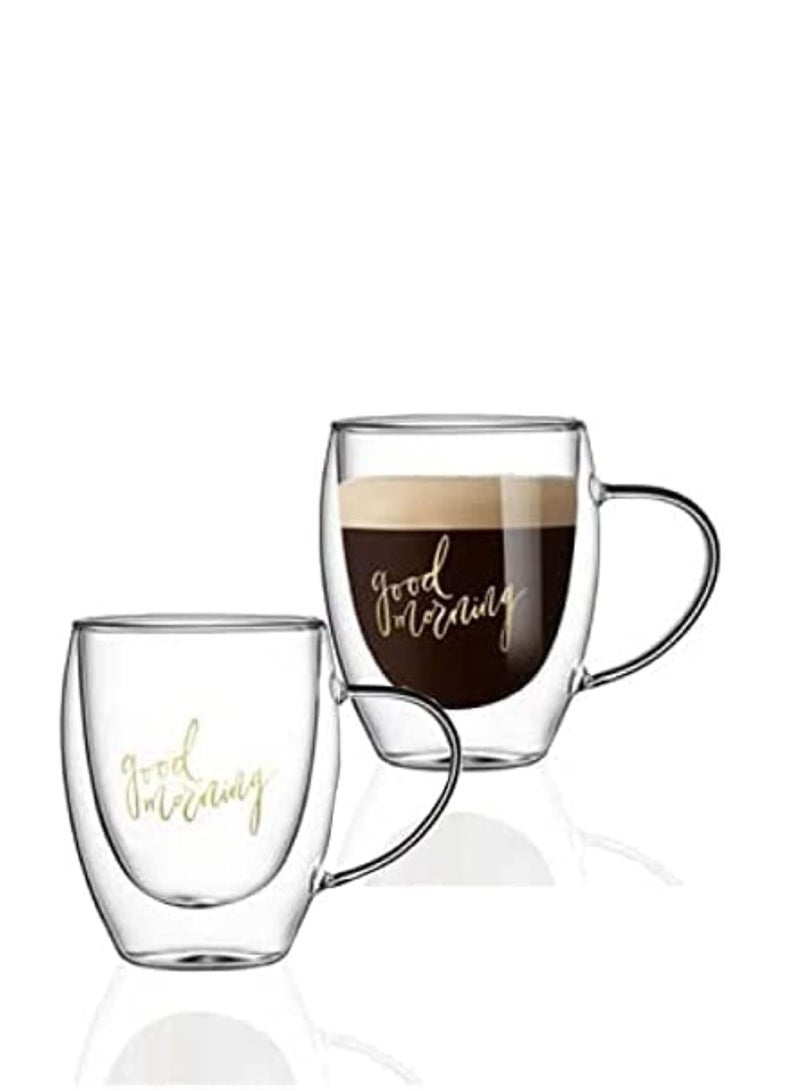 Double Wall Good Morning Printed Glass Mug With Handle Clear 350ml 2Pcs Set