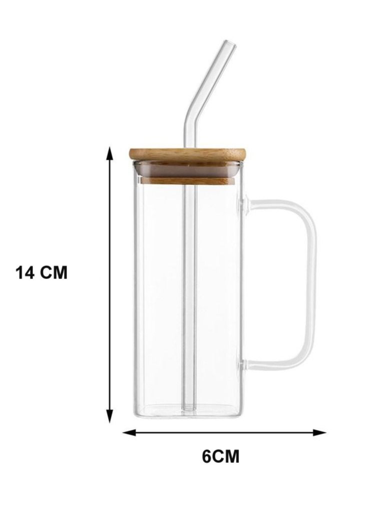 Borosilicate Square Glass Jar With Bamboo Lid, Glass Straw and Handle, Can Shaped Drinking Glass Cup 320 ML 2Pcs