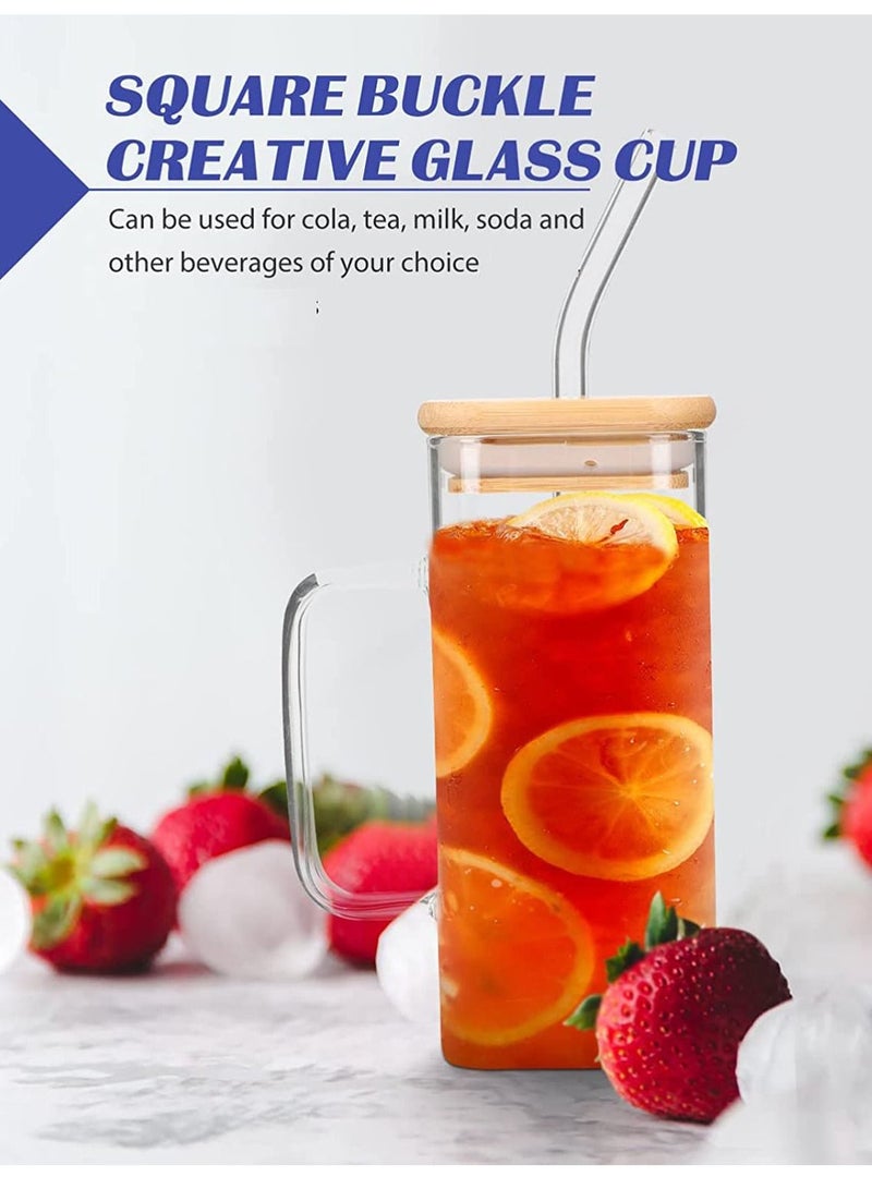 Borosilicate Square Glass Jar With Bamboo Lid, Glass Straw and Handle, Can Shaped Drinking Glass Cup 320 ML 2Pcs