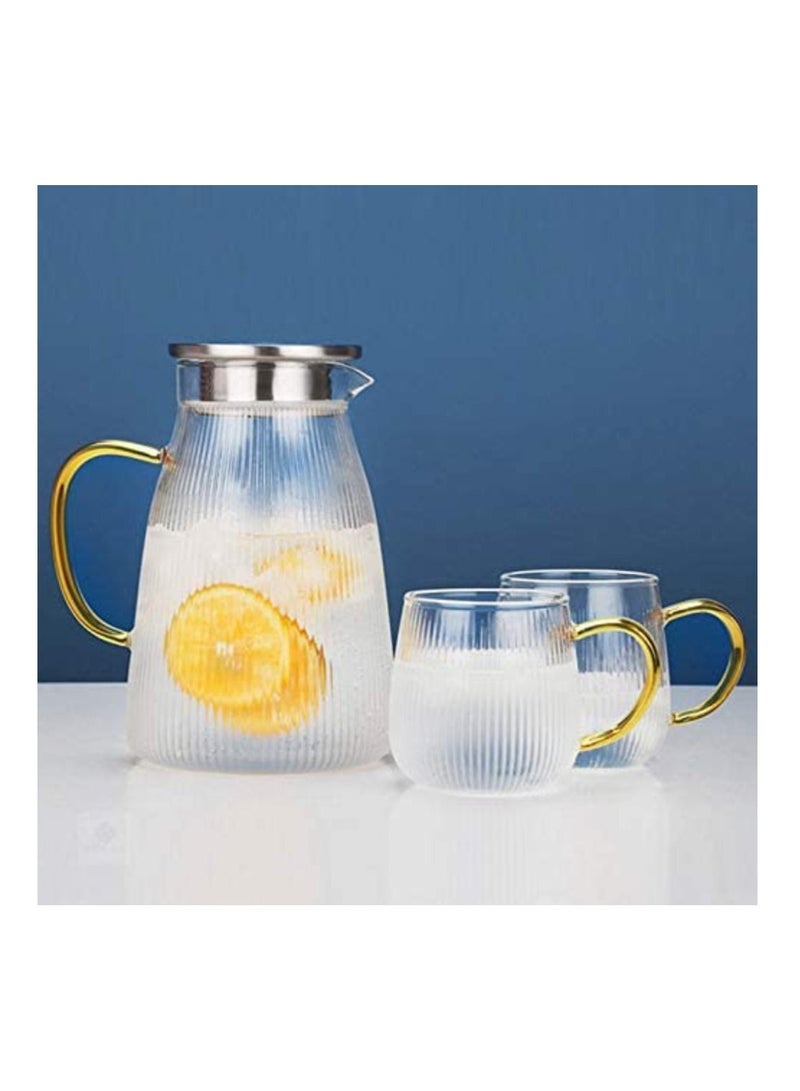 Heat Resistant Borosilicate Stripe Glass Water Pitcher With Stainless Steel Strainer Lid 1500ML and 2Pcs 350 MlL Glass Mug with Handle