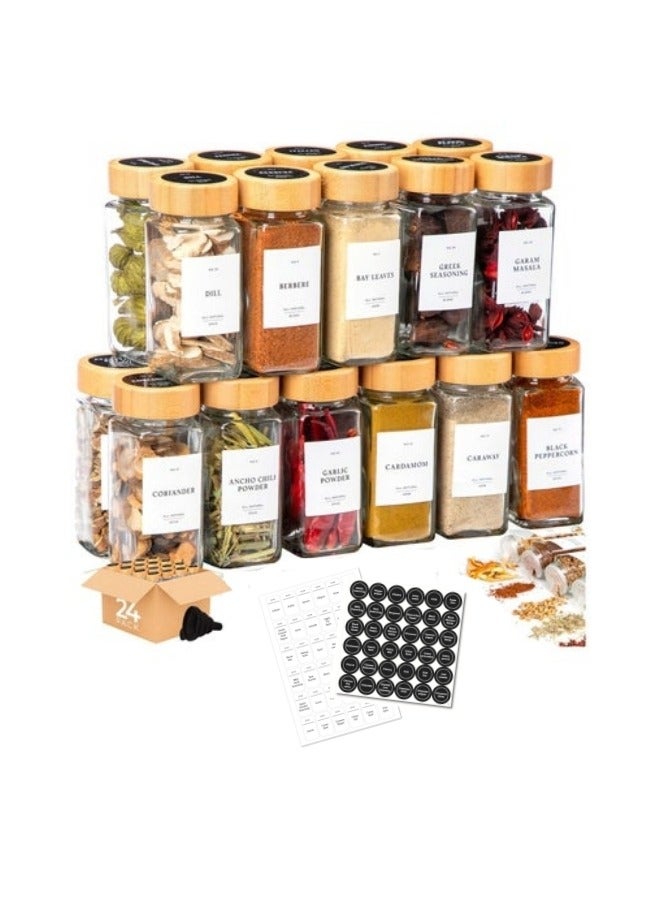 24-Piece Set of Empty Glass Spice Containers Seasoning Organizer with Bamboo Lid, Complete with Labels and Shaker Lids