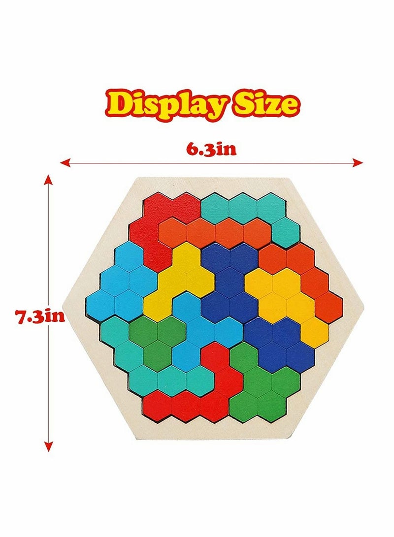 Wooden Hexagon Puzzle,Brain Teasers Toy Tangram Jigsaw Shape Pattern Block Colorful Toy Geometry Logic IQ Game STEM Montessori Educational Gift for All Ages Kids Children Adults Boys Girls Challenge