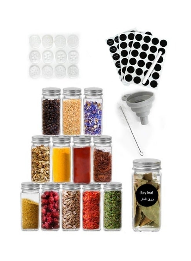 12-Piece 4oz Glass Spice Jars with 2 Types of Labels,White Paint Pen and Silicone Collapsible Funnel Included.