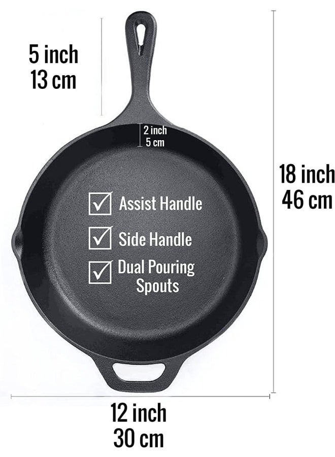 Cast Iron Skillet Pre-Seasoned Skillet/Frying Pan, Black 12 Inch Round Cast Iron Frying Pan - Safe Grill Cookware For Indoor & Outdoor Use