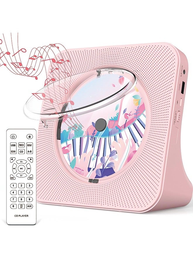 Desktop CD player with speakers,  CD players for home, Bluetooth CD player with Hi-Fi Stereo Sound,Remote Control,Supports CD/Bluetooth/FM Radio/U Disk/AUX/Timer/Repeat,Pink