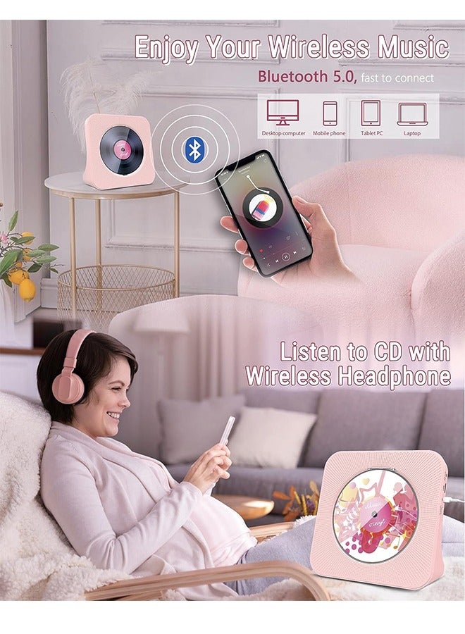 Desktop CD player with speakers,  CD players for home, Bluetooth CD player with Hi-Fi Stereo Sound,Remote Control,Supports CD/Bluetooth/FM Radio/U Disk/AUX/Timer/Repeat,Pink