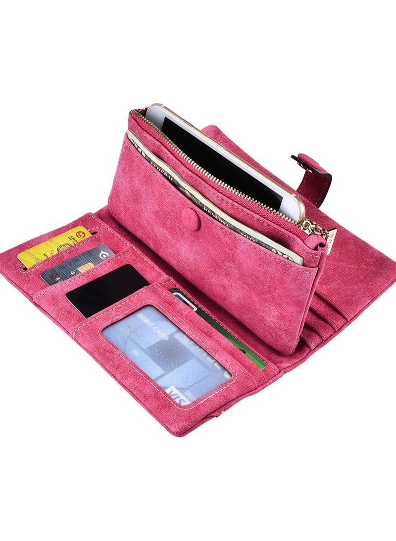Colorful Women Wallet with phone holder, Faux Leather Bifold Clutch Handbag, Matte Buckle Long Purse Organizer for Women
