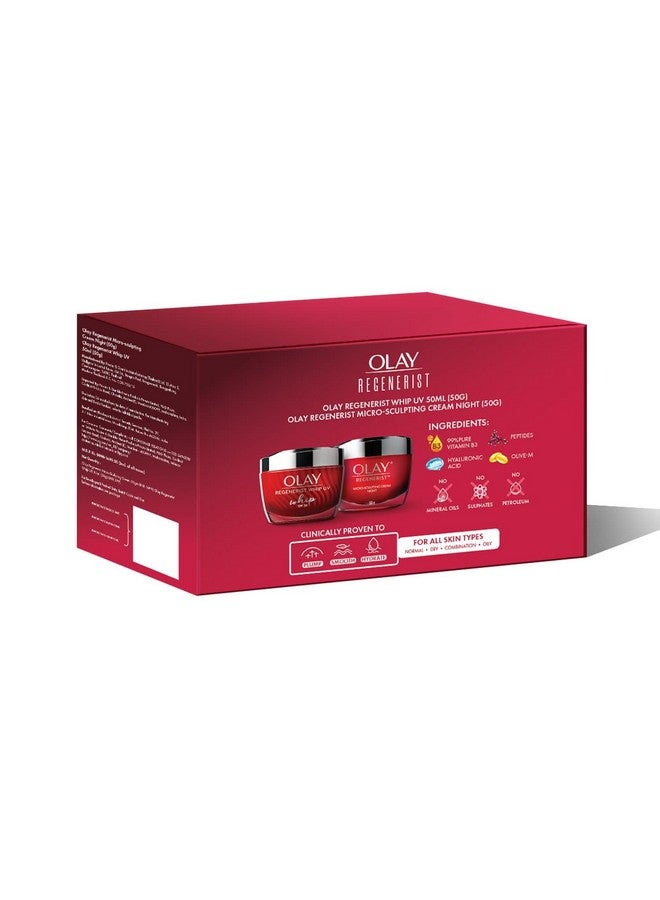 Regenerist Giftpack Whip Day Cream With 50G + Microsculpting Night Cream 50G Hydrated & Bouncy Skin With Hyaluronic Acid And Peptides Normal Oily Dry Combination Skin Pack Of 2